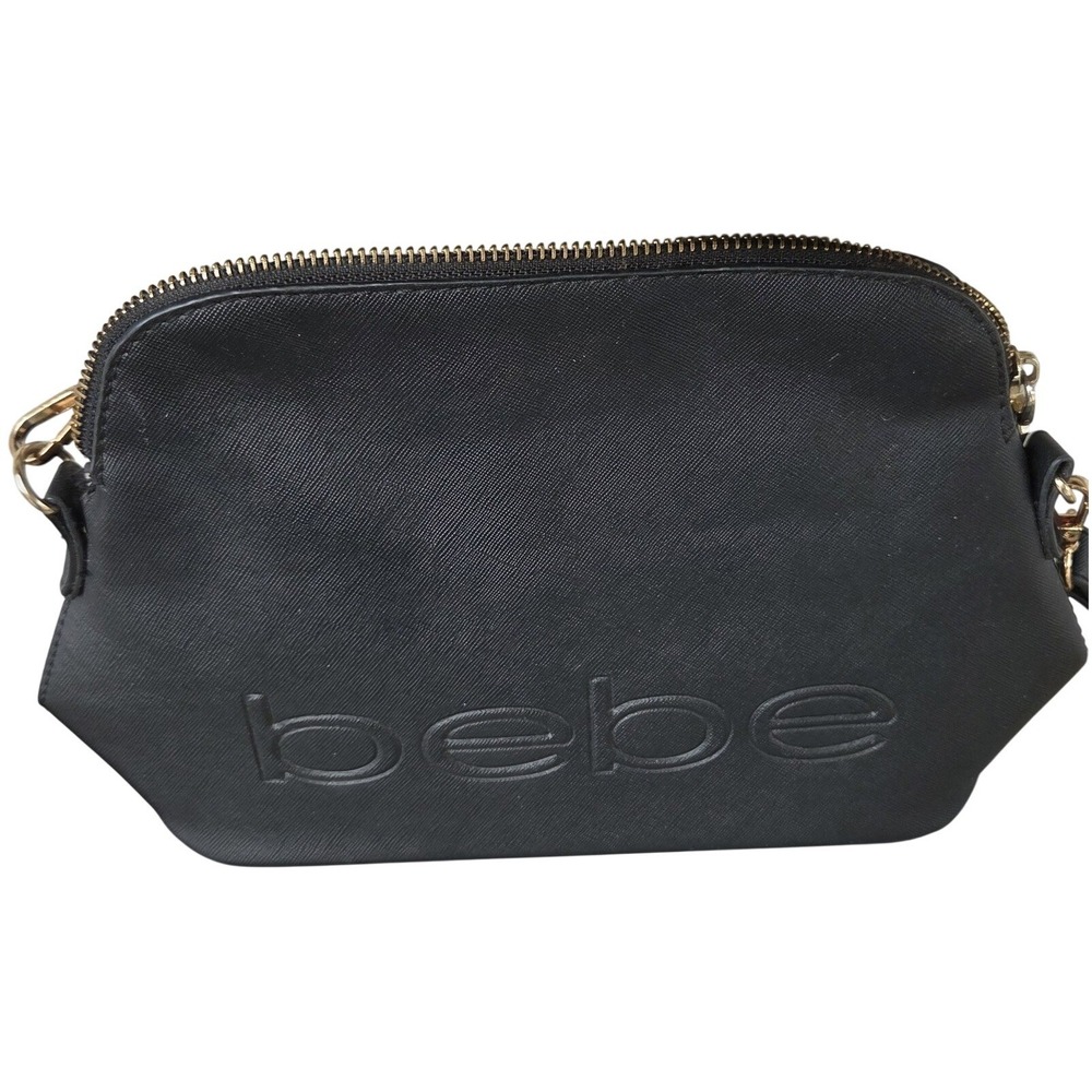 bebe Crossbody Bag Womens Medium Black Embossed Logo Gold Tone Hardware Zip Top